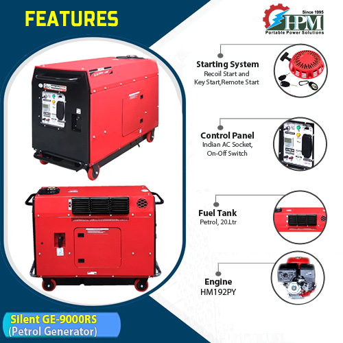 10 KVA Generator, Model Silent GE-9000RS, Petrol Run, Recoil & Self Start